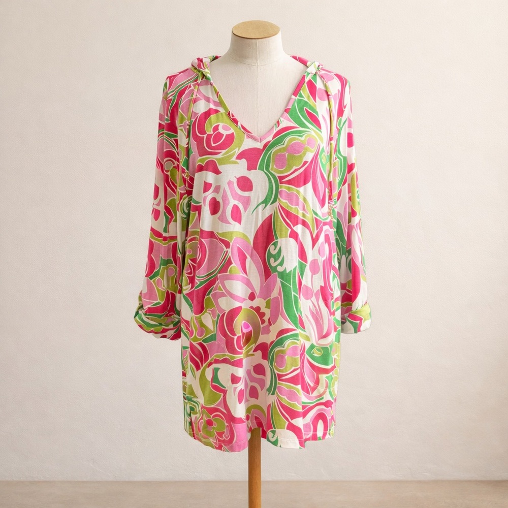 BeachCandie Pink Floral Hooded Beach Cover Up Tunic Dress XL Resort